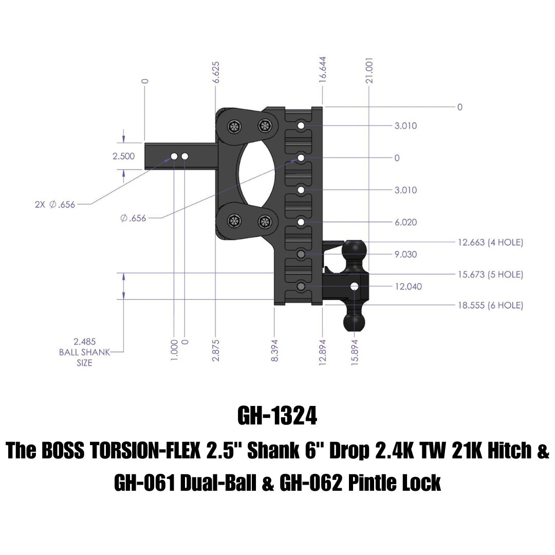 GEN-Y Hitch The BOSS TORSION-FLEX 2.5" Shank 6" Drop 2.4K TW 21K Hitch & GH-061 Dual-Ball & GH-062 Pintle Lock