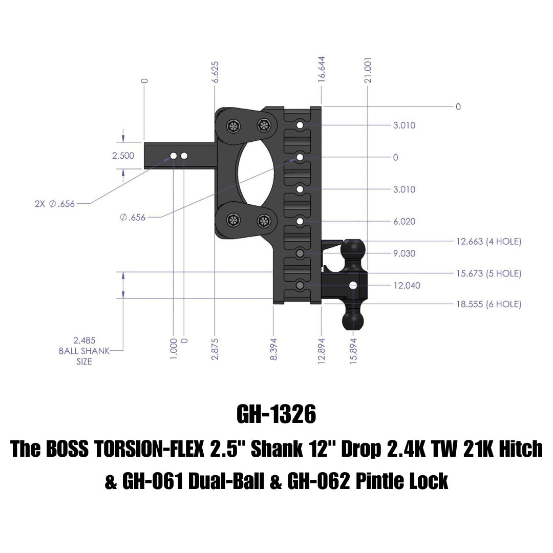 GEN-Y Hitch The BOSS TORSION-FLEX 2.5" Shank 12" Drop 2.4K TW 21K Hitch & GH-061 Dual-Ball & GH-062 Pintle Lock