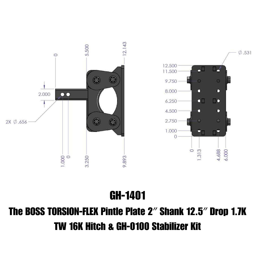 GEN-Y Hitch The BOSS TORSION-FLEX Pintle Plate 2" Shank 12.5" Drop 1.7K TW 16K Hitch & GH-0100 Stabilizer Kit