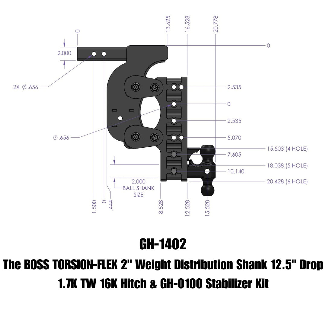 GEN-Y Hitch The BOSS TORSION-FLEX 2" Weight Distribution Shank 12.5" Drop 1.7K TW 16K Hitch & GH-0100 Stabilizer Kit