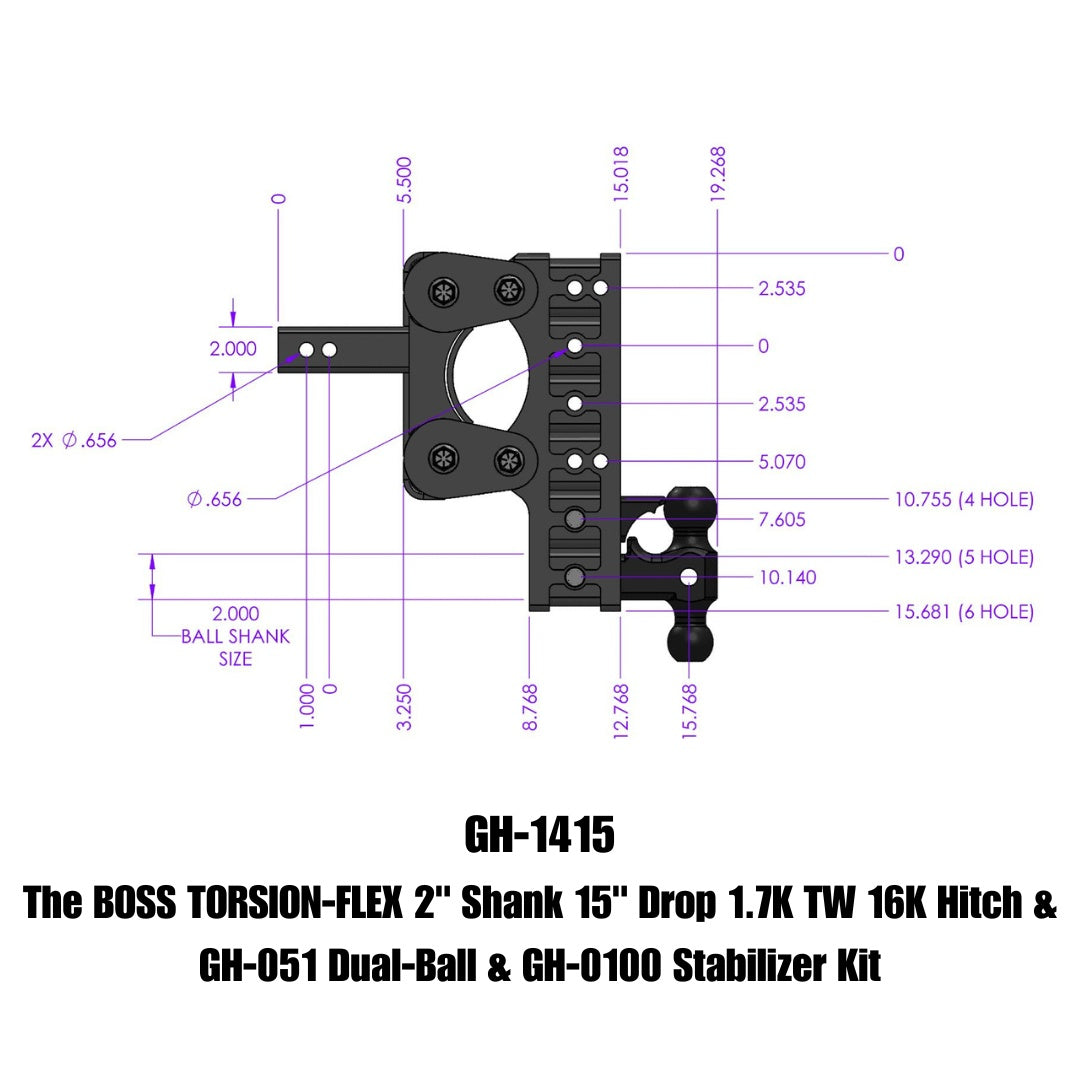 GEN-Y Hitch The BOSS TORSION-FLEX 2" Shank 15" Drop 1.7K TW 16K Hitch & GH-051 Dual-Ball & GH-0100 Stabilizer Kit