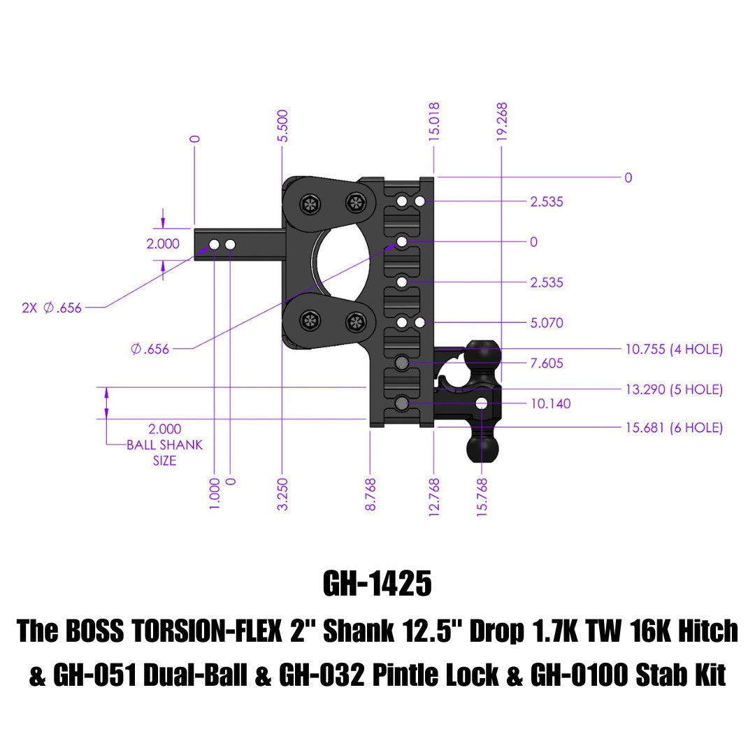 GEN-Y Hitch The BOSS TORSION-FLEX 2" Shank 15" Drop 1.7K TW 16K Hitch & GH-051 Dual-Ball & GH-032 Pintle Lock & GH-0100 Stab Kit