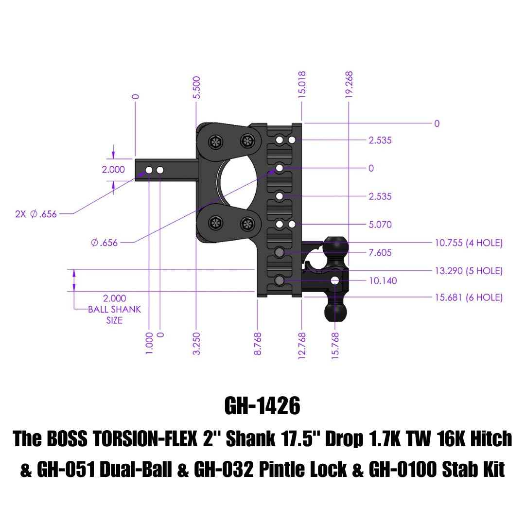 GEN-Y Hitch The BOSS TORSION-FLEX 2" Shank 17.5" Drop 1.7K TW 16K Hitch & GH-051 Dual-Ball & GH-032 Pintle Lock & GH-0100 Stab Kit
