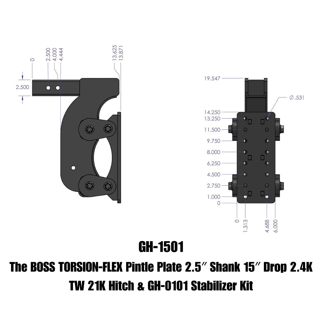 GEN-Y Hitch The BOSS TORSION-FLEX Pintle Plate 2.5" Shank 15" Drop 2.4K TW 21K Hitch & GH-0101 Stabilizer Kit