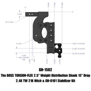 GEN-Y Hitch The BOSS TORSION-FLEX 2.5" Weight Distribution Shank 15" Drop 2.4K TW 21K Hitch & GH-0101 Stabilizer Kit