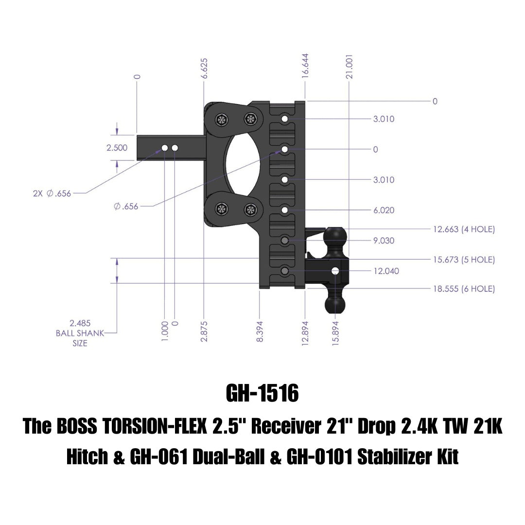 GEN-Y Hitch The BOSS TORSION-FLEX 2.5" Receiver 21" Drop 2.4K TW 21K Hitch & GH-061 Dual-Ball & GH-0101 Stabilizer Kit