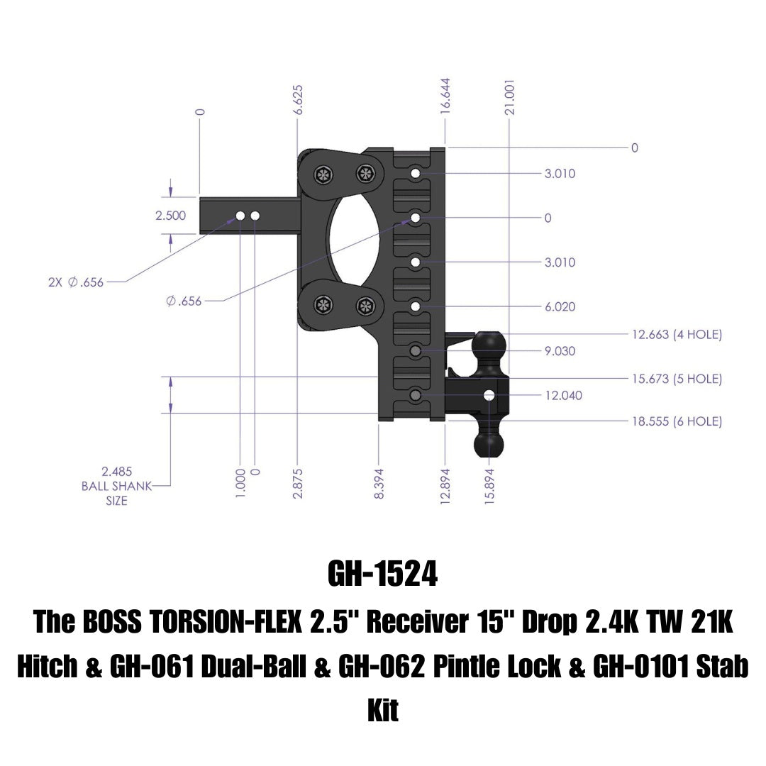 GEN-Y Hitch The BOSS TORSION-FLEX 2.5" Receiver 15" Drop 2.4K TW 21K Hitch & GH-061 Dual-Ball & GH-062 Pintle Lock & GH-0101 Stab Kit