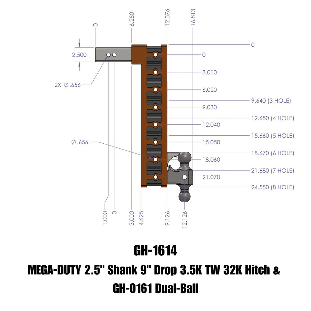 GEN-Y Hitch MEGA-DUTY 2.5" Shank 9" Drop 3.5K TW 32K Hitch & GH-0161 Dual-Ball
