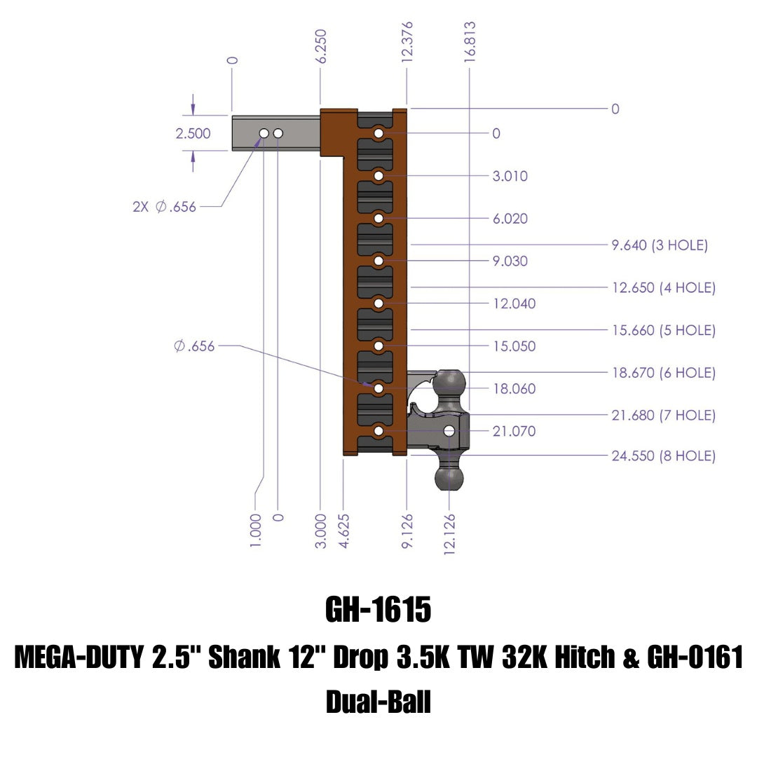 GEN-Y Hitch MEGA-DUTY 2.5" Shank 12" Drop 3.5K TW 32K Hitch & GH-0161 Dual-Ball