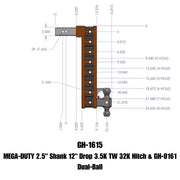 GEN-Y Hitch MEGA-DUTY 2.5" Shank 12" Drop 3.5K TW 32K Hitch & GH-0161 Dual-Ball