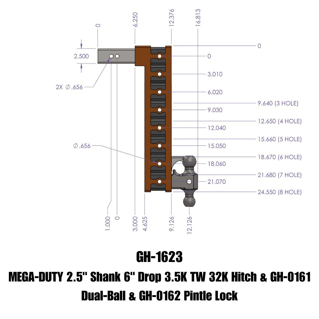 GEN-Y Hitch MEGA-DUTY 2.5" Shank 6" Drop 3.5K TW 32K Hitch & GH-0161 Dual-Ball & GH-0162 Pintle Lock