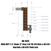 GEN-Y Hitch MEGA-DUTY 2.5" Shank 12" Drop 3.5K TW 32K Hitch & GH-0161 Dual-Ball & GH-0162 Pintle Lock