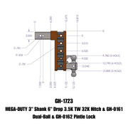 GEN-Y Hitch MEGA-DUTY 3" Shank 6" Drop 3.5K TW 32K Hitch & GH-0161 Dual-Ball & GH-0162 Pintle Lock