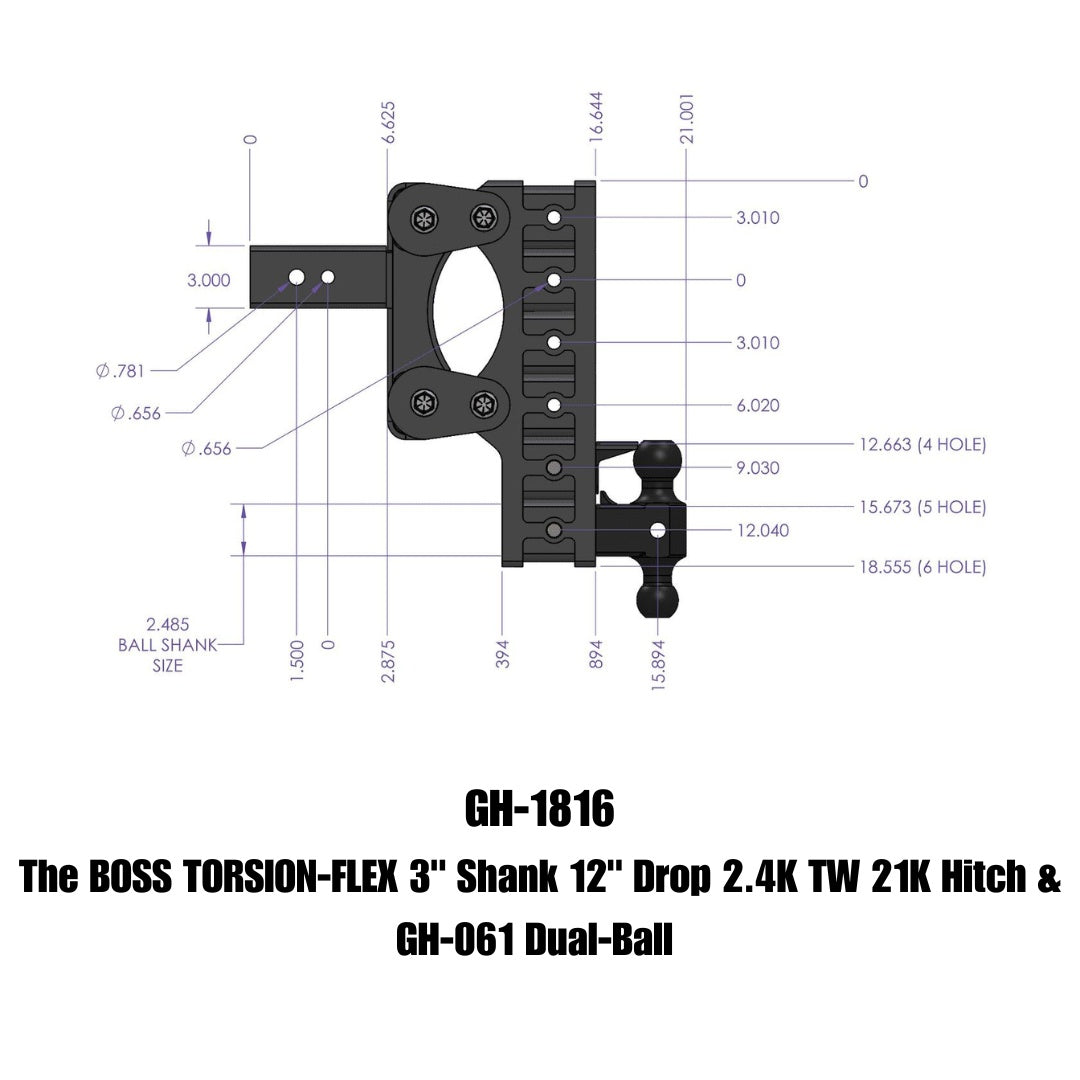 GEN-Y Hitch The BOSS TORSION-FLEX 3" Shank 12" Drop 2.4K TW 21K Hitch & GH-061 Dual-Ball