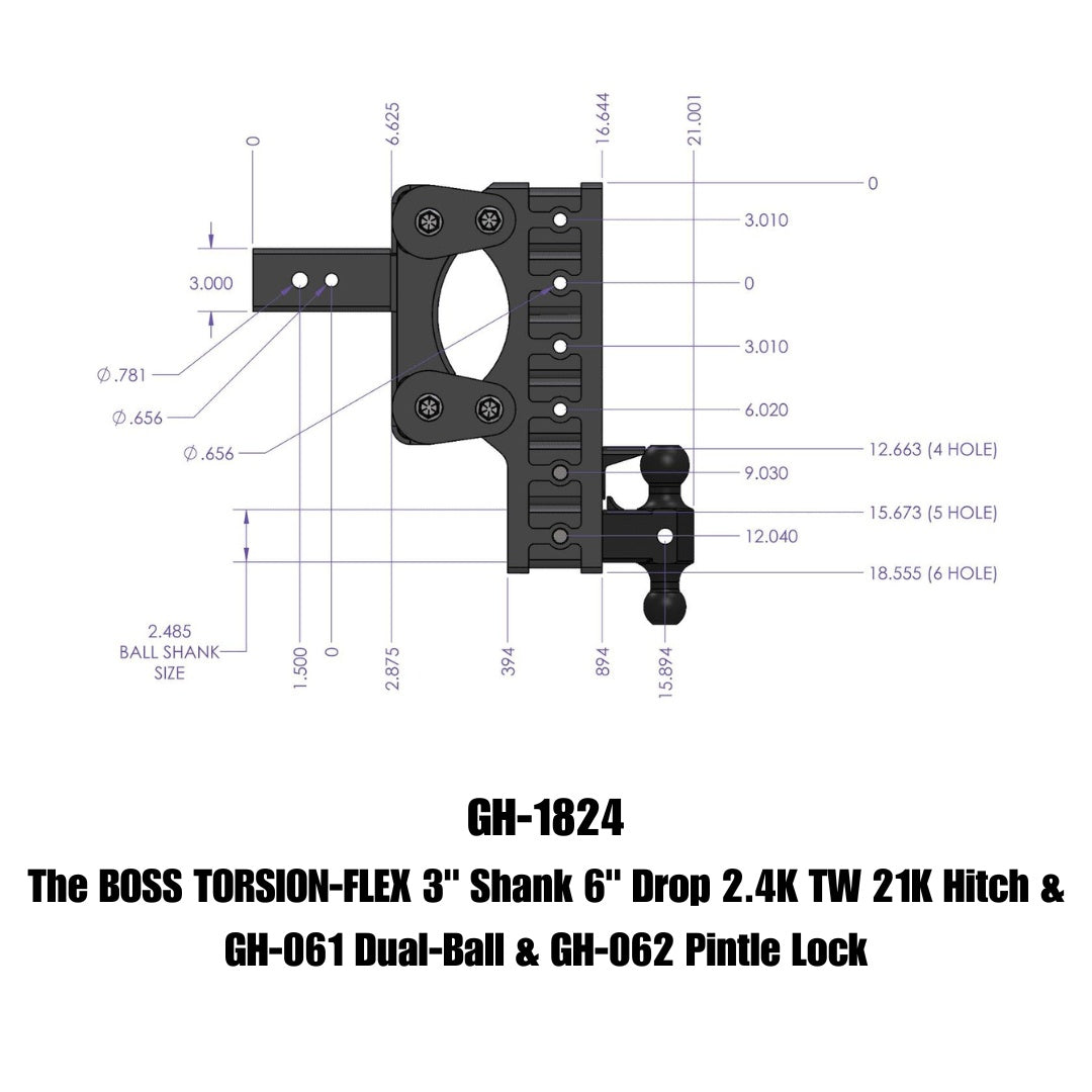 GEN-Y Hitch The BOSS TORSION-FLEX 3" Shank 6" Drop 2.4K TW 21K Hitch & GH-061 Dual-Ball & GH-062 Pintle Lock