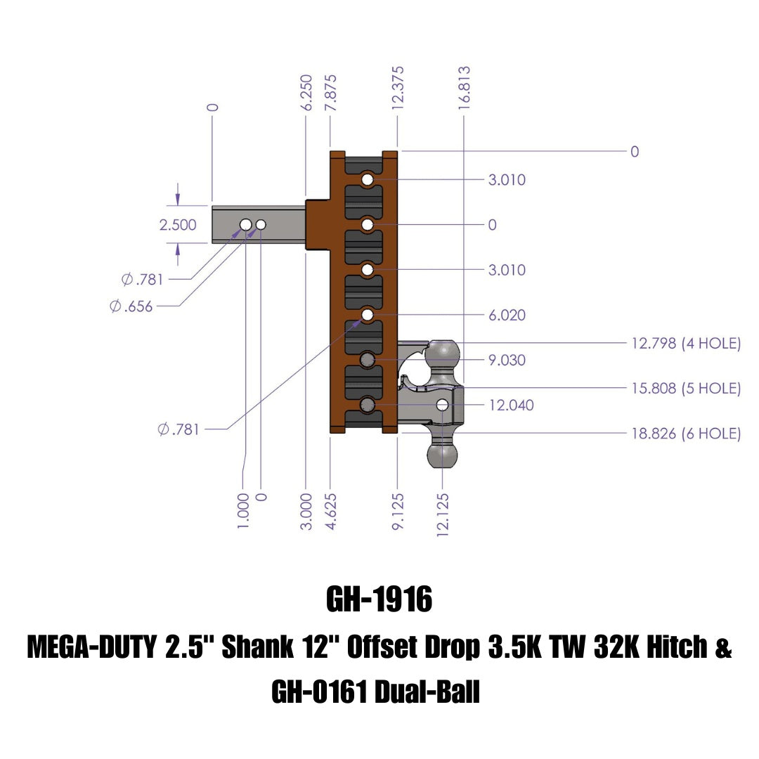 GEN-Y Hitch MEGA-DUTY 2.5" Offset Shank 3" Rise, 12" Drop 3.5K TW 32K Hitch & GH-0161 Dual-Ball
