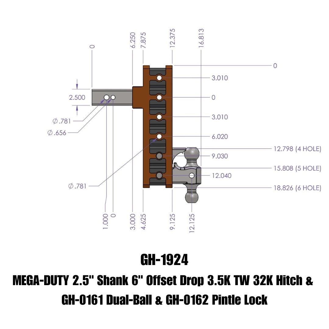 GEN-Y Hitch MEGA-DUTY 2.5" Offset Shank 3" Rise, 6" Drop 3.5K TW 32K Hitch & GH-0161 Dual-Ball & GH-0162 Pintle Lock