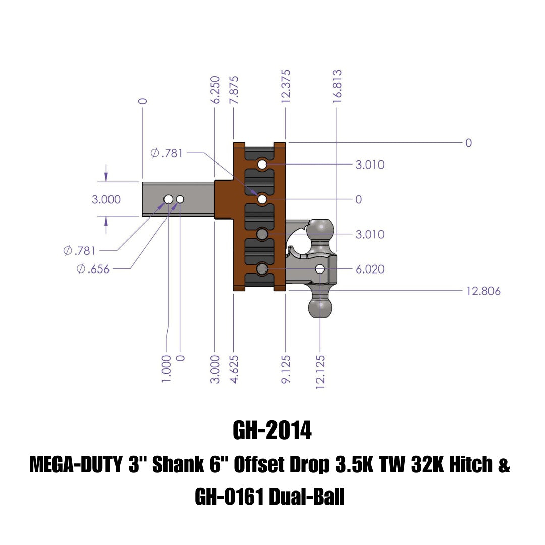 GEN-Y Hitch MEGA-DUTY 3" Offset Shank 3" Rise, 6" Drop 3.5K TW 32K Hitch & GH-0161 Dual-Ball