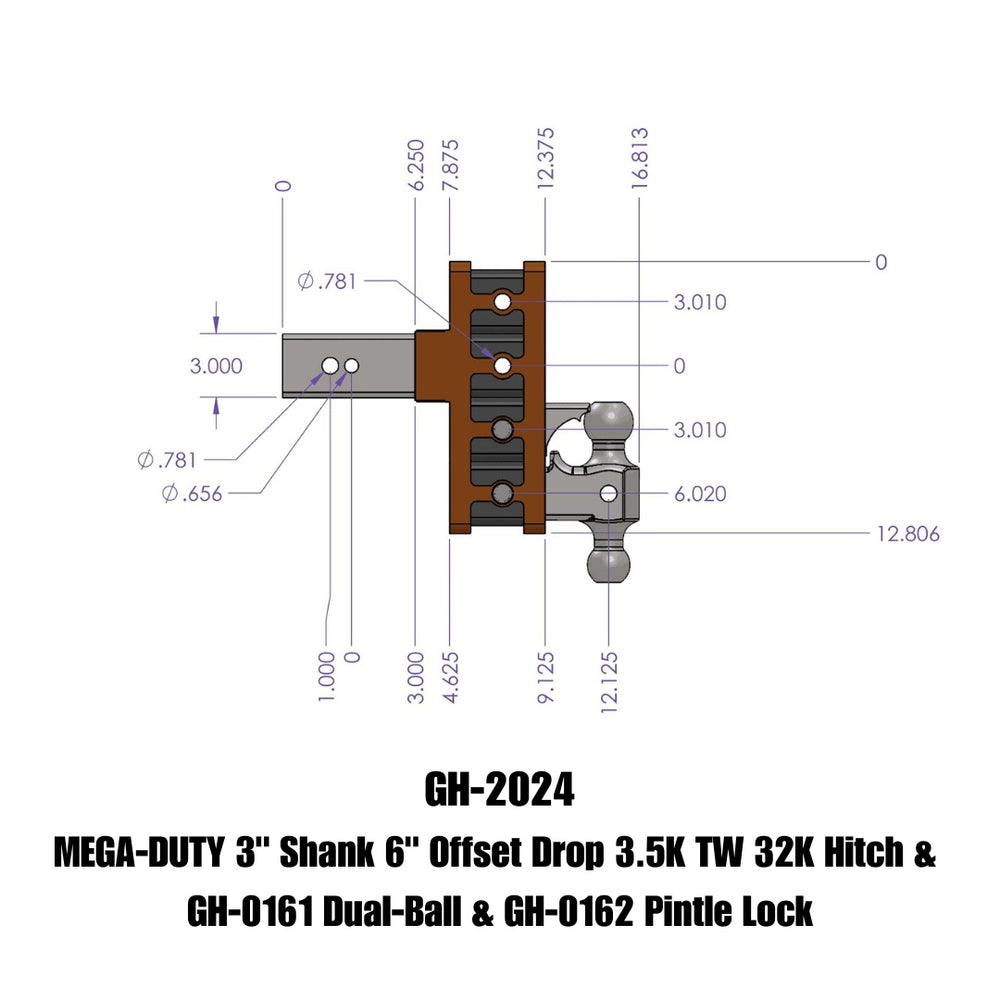 GEN-Y Hitch MEGA-DUTY 3" Offset Shank 3" Rise, 6" Drop 3.5K TW 32K Hitch & GH-0161 Dual-Ball & GH-0162 Pintle Lock