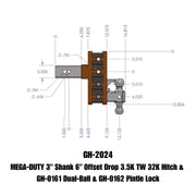 GEN-Y Hitch MEGA-DUTY 3" Offset Shank 3" Rise, 6" Drop 3.5K TW 32K Hitch & GH-0161 Dual-Ball & GH-0162 Pintle Lock