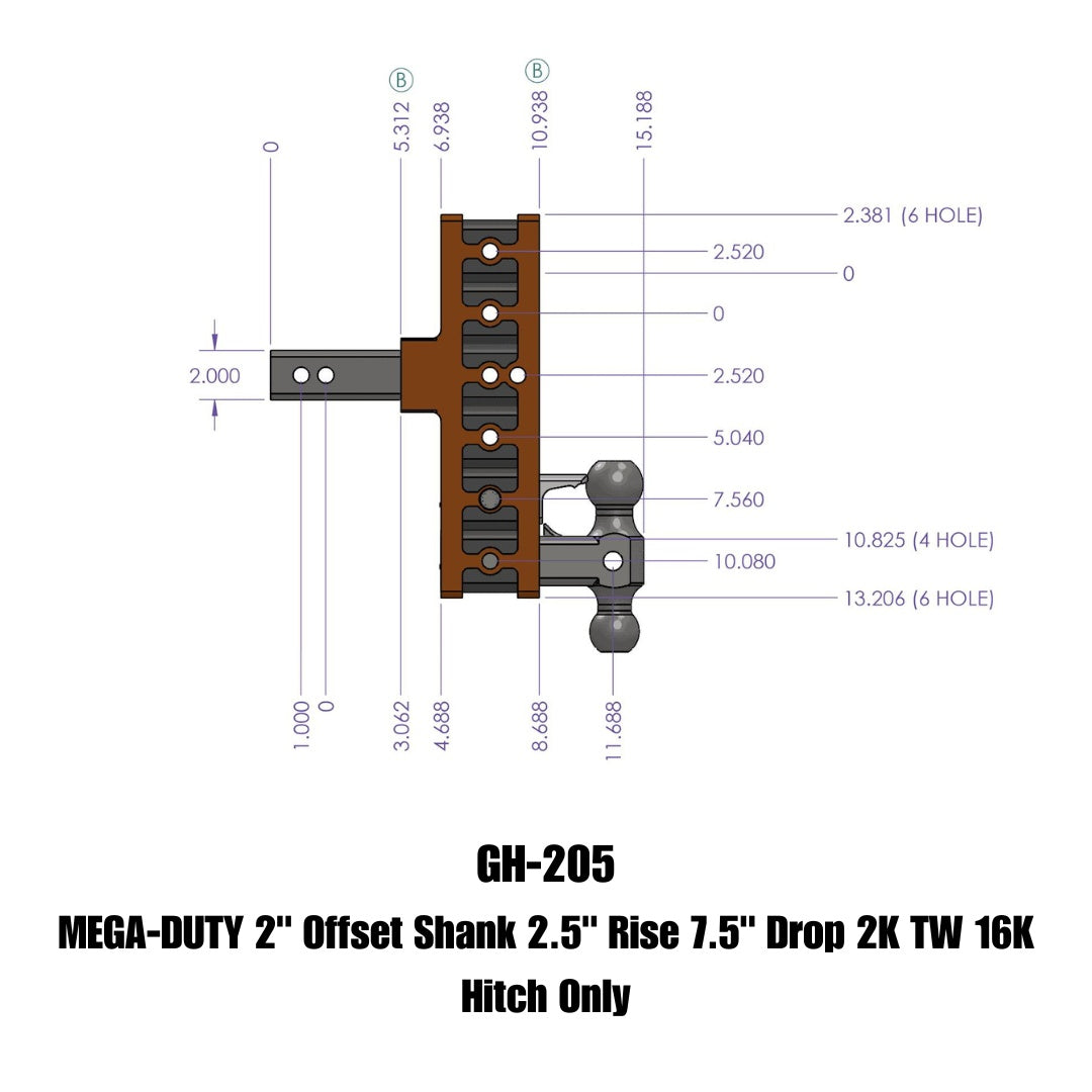 GEN-Y Hitch MEGA-DUTY 2" Offset Shank 2.5" Rise 7.5" Drop 2K TW 16K Hitch Only