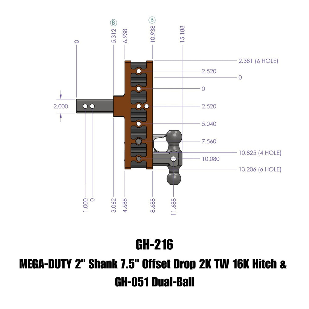 GEN-Y Hitch MEGA-DUTY 2" Offset Shank 5" Rise, 7.5" Drop 2K TW 16K Hitch & GH-051 Dual-Ball