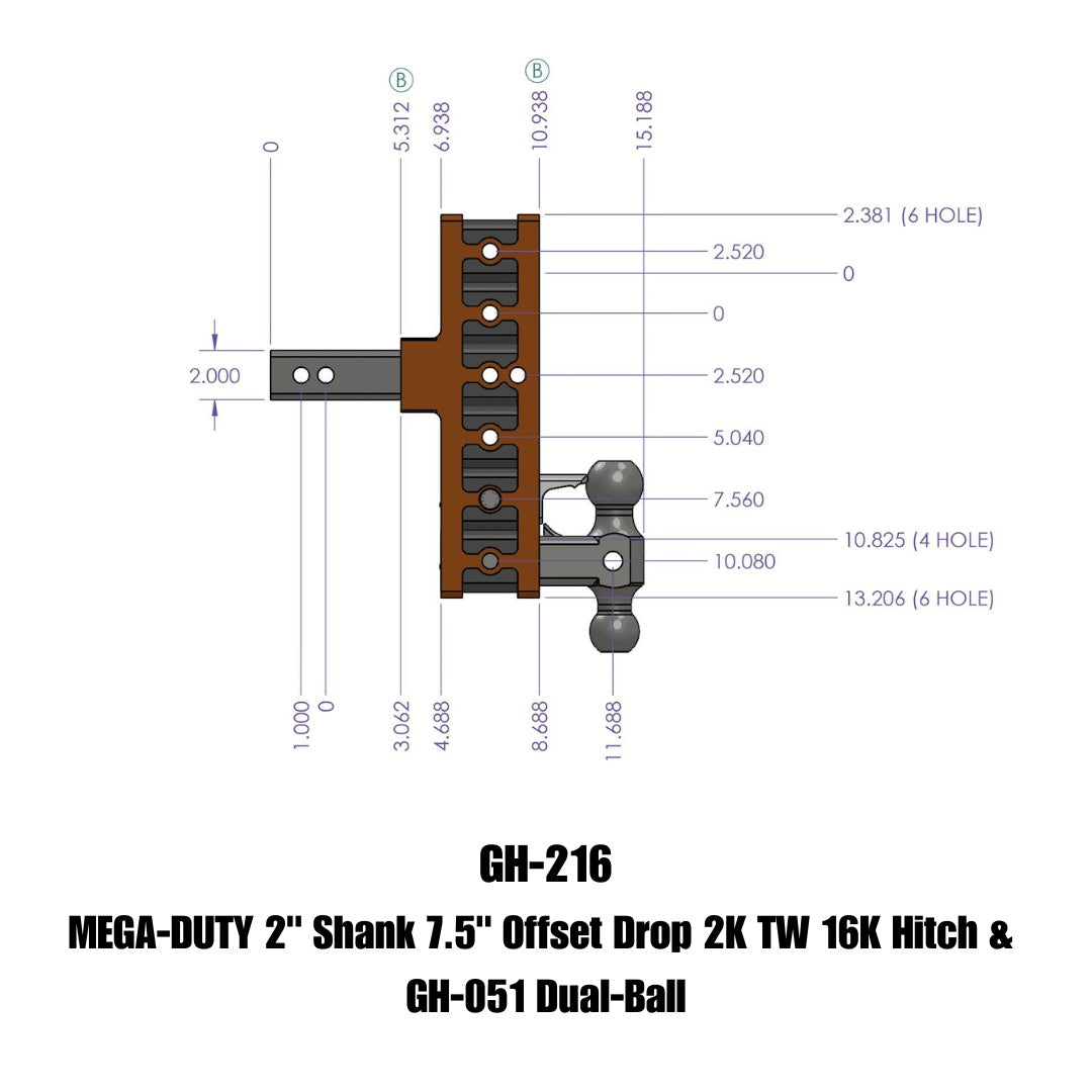 GEN-Y Hitch MEGA-DUTY 2" Offset Shank 5" Rise, 7.5" Drop 2K TW 16K Hitch & GH-051 Dual-Ball