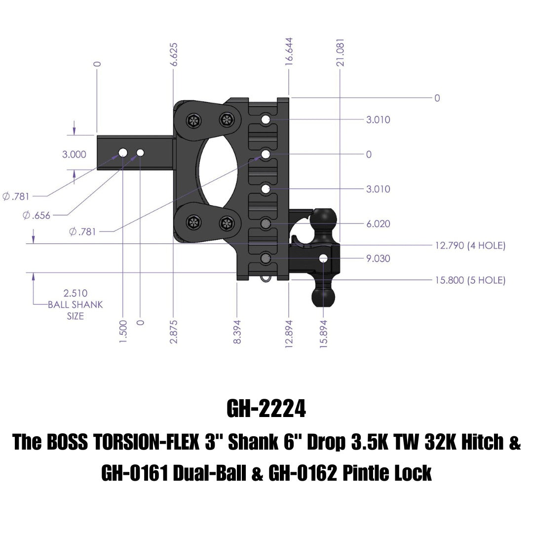 GEN-Y Hitch The BOSS TORSION-FLEX 3" Shank 6" Drop 3.5K TW 32K Hitch & GH-0161 Dual-Ball & GH-0162 Pintle Lock