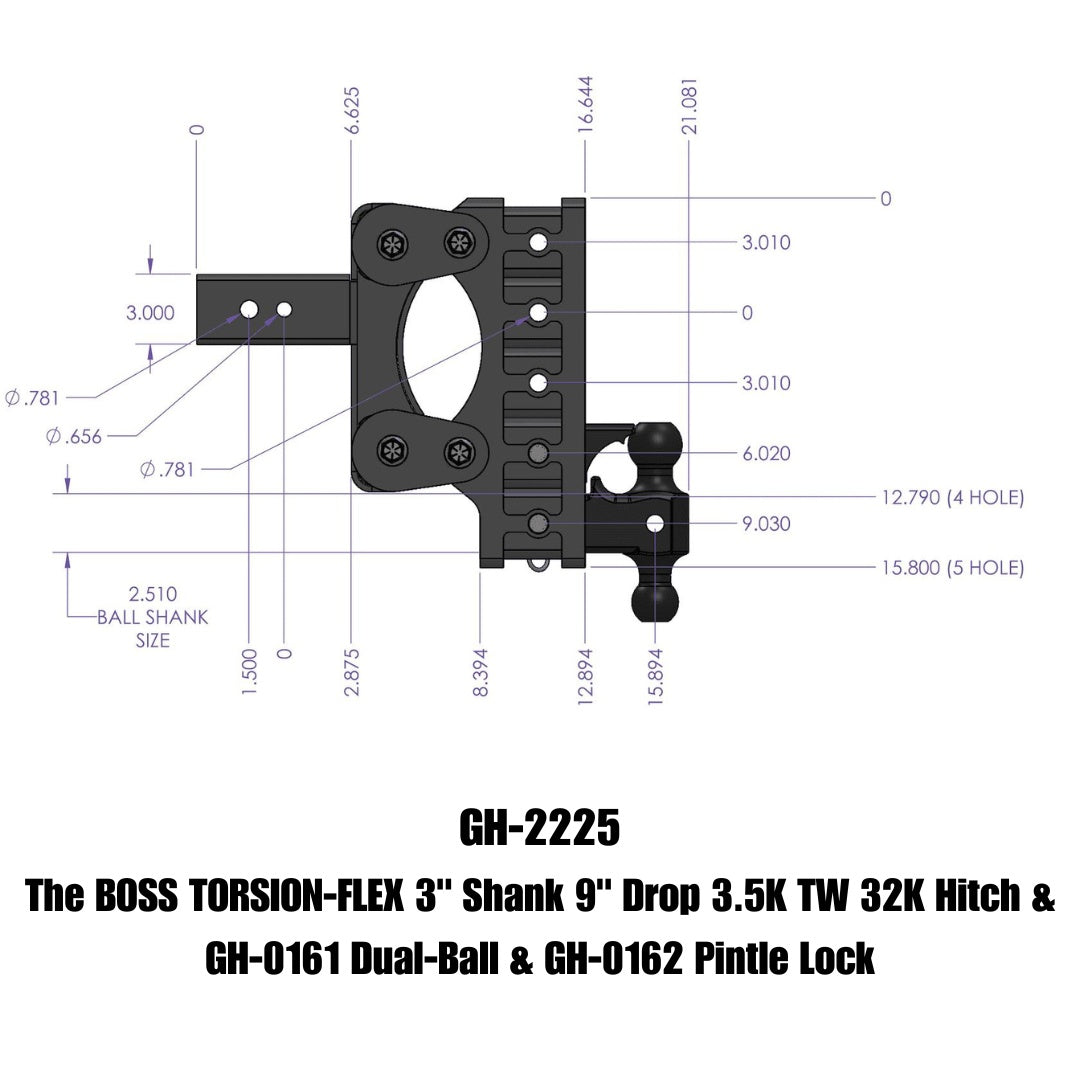 GEN-Y Hitch The BOSS TORSION-FLEX 3" Shank 9" Drop 3.5K TW 32K Hitch & GH-0161 Dual-Ball & GH-0162 Pintle Lock
