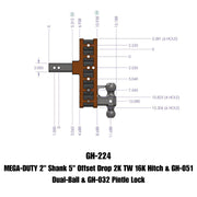 GEN-Y Hitch MEGA-DUTY 2" Offset Shank 2.5 Rise, 5" Drop 2K TW 16K Hitch & GH-051 Dual-Ball & GH-032 Pintle Lock