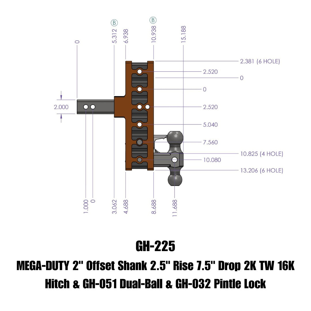 GEN-Y Hitch MEGA-DUTY 2" Offset Shank 2.5" Rise 7.5" Drop 2K TW 16K Hitch & GH-051 Dual-Ball & GH-032 Pintle Lock