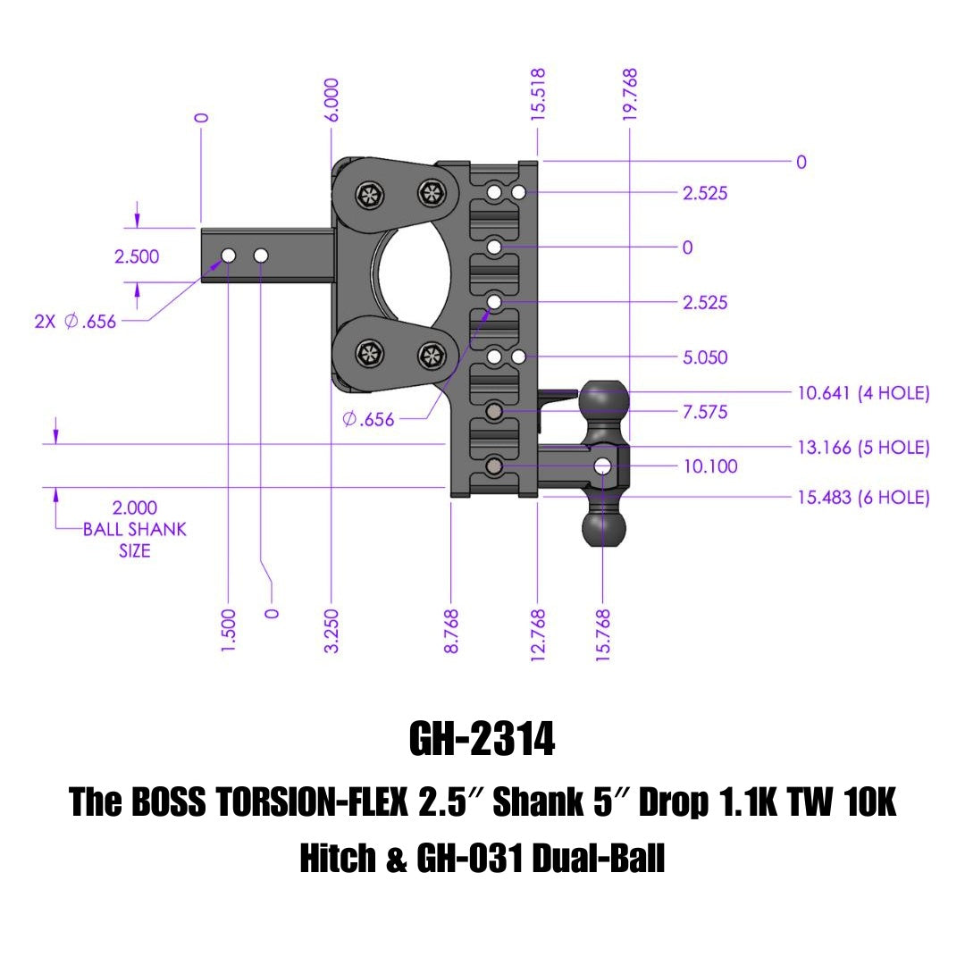 GEN-Y Hitch The BOSS TORSION-FLEX 2.5" Shank 5" Drop 1.1K TW 10K Hitch & GH-031 Dual-Ball