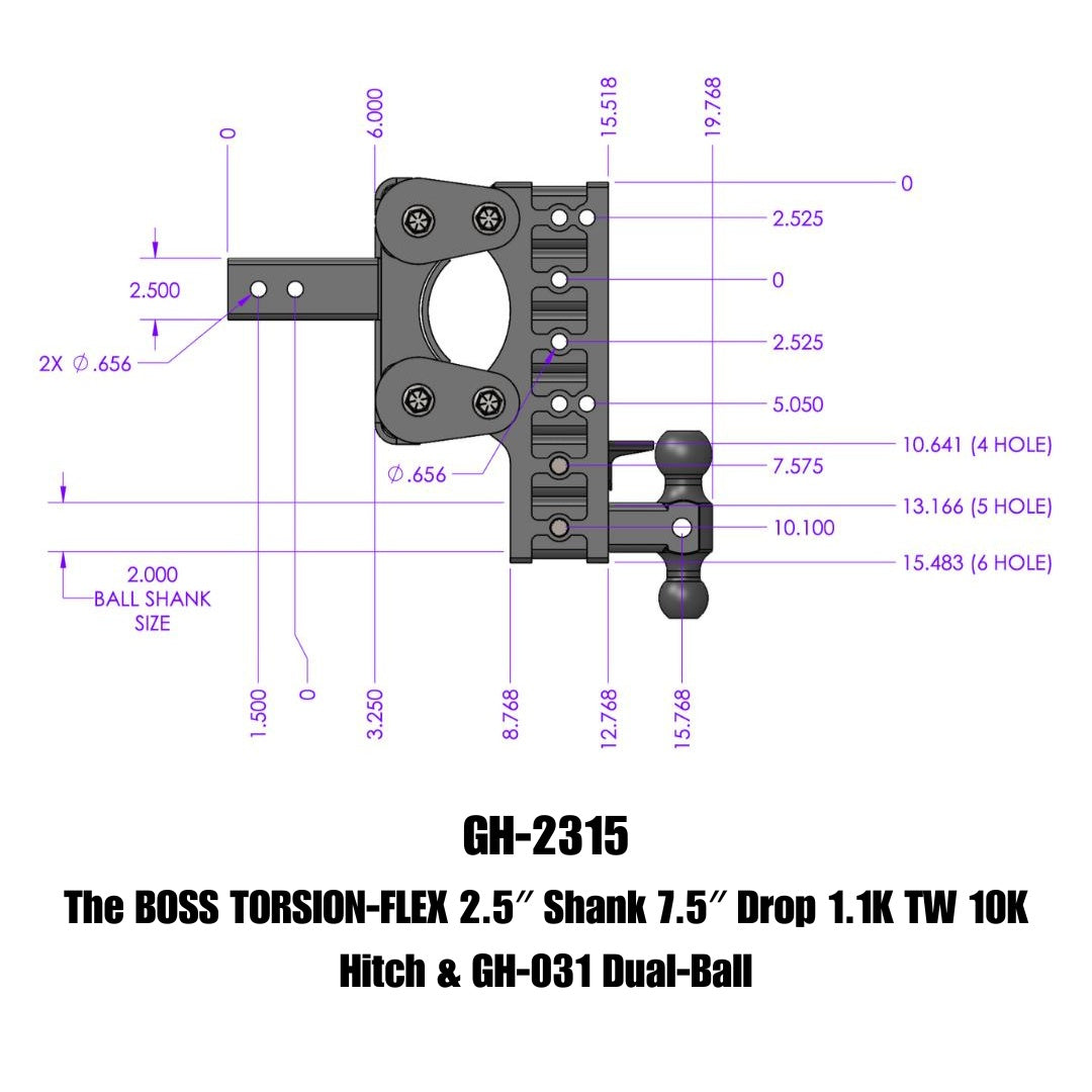 GEN-Y Hitch The BOSS TORSION-FLEX 2.5" Shank 7.5" Drop 1.1K TW 10K Hitch & GH-031 Dual-Ball