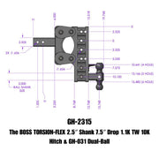 GEN-Y Hitch The BOSS TORSION-FLEX 2.5" Shank 7.5" Drop 1.1K TW 10K Hitch & GH-031 Dual-Ball