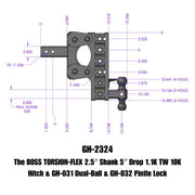 GEN-Y Hitch The BOSS TORSION-FLEX 2.5" Shank 5" Drop 1.1K TW 10K Hitch & GH-031 Dual-Ball & GH-032 Pintle Lock