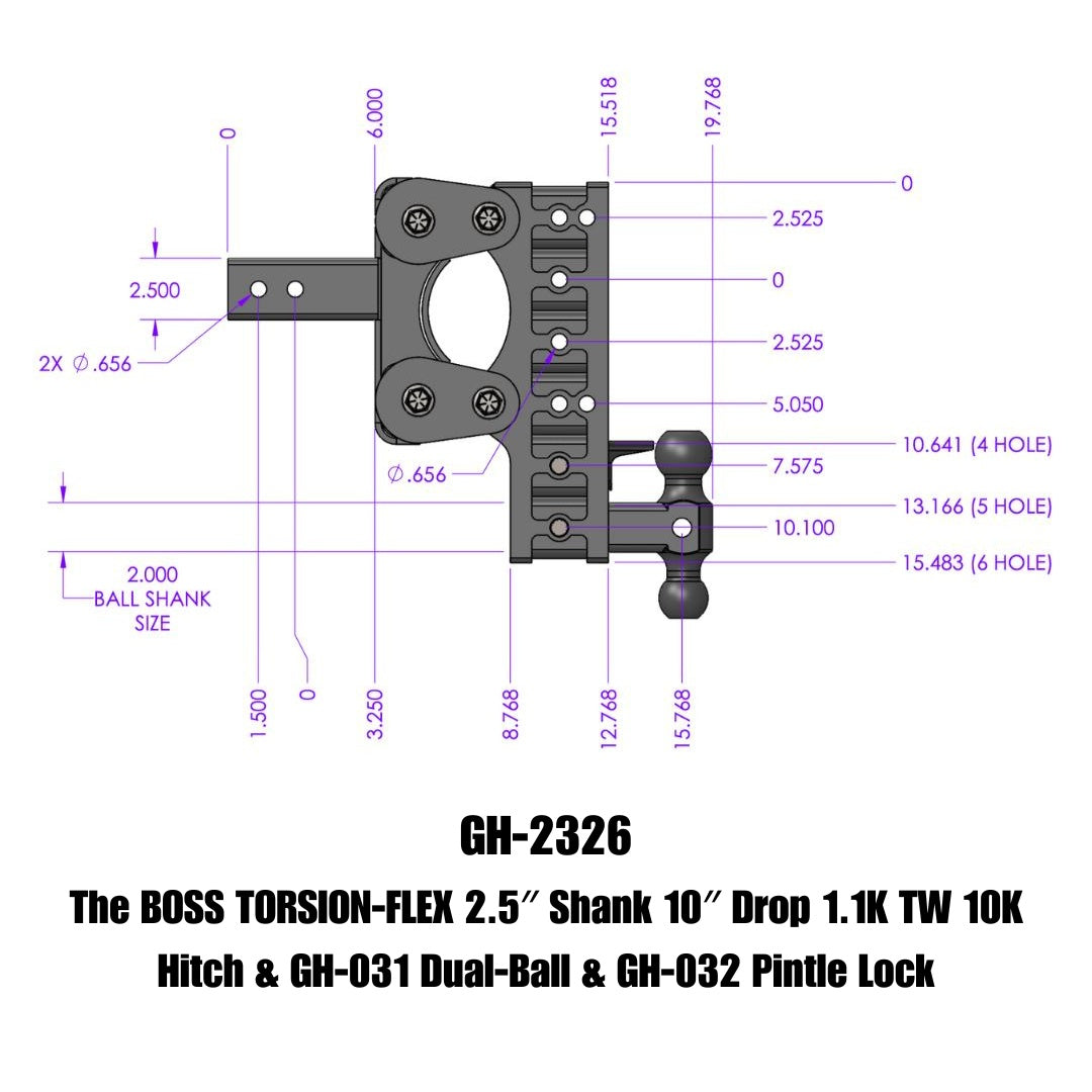 GEN-Y Hitch The BOSS TORSION-FLEX 2.5" Shank 10" Drop 1.1K TW 10K Hitch & GH-031 Dual-Ball & GH-032 Pintle Lock