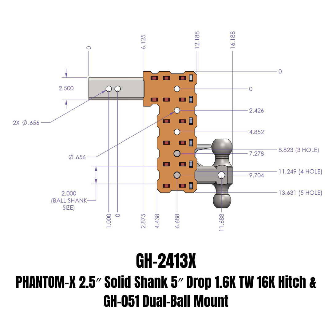 GEN-Y Hitch PHANTOM-X 2.5" Solid Shank 5" Drop 1.6K TW 16K Hitch & GH-051 Dual-Ball Mount