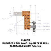 GEN-Y Hitch PHANTOM-X 2.5" Solid Shank 5" Drop 1.6K TW 16K Hitch & GH-051 Dual-Ball & GH-032 Pintle Lock