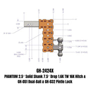 GEN-Y Hitch PHANTOM 2.5" Solid Shank 7.5" Drop 1.6K TW 16K Hitch & GH-051 Dual-Ball & GH-032 Pintle Lock