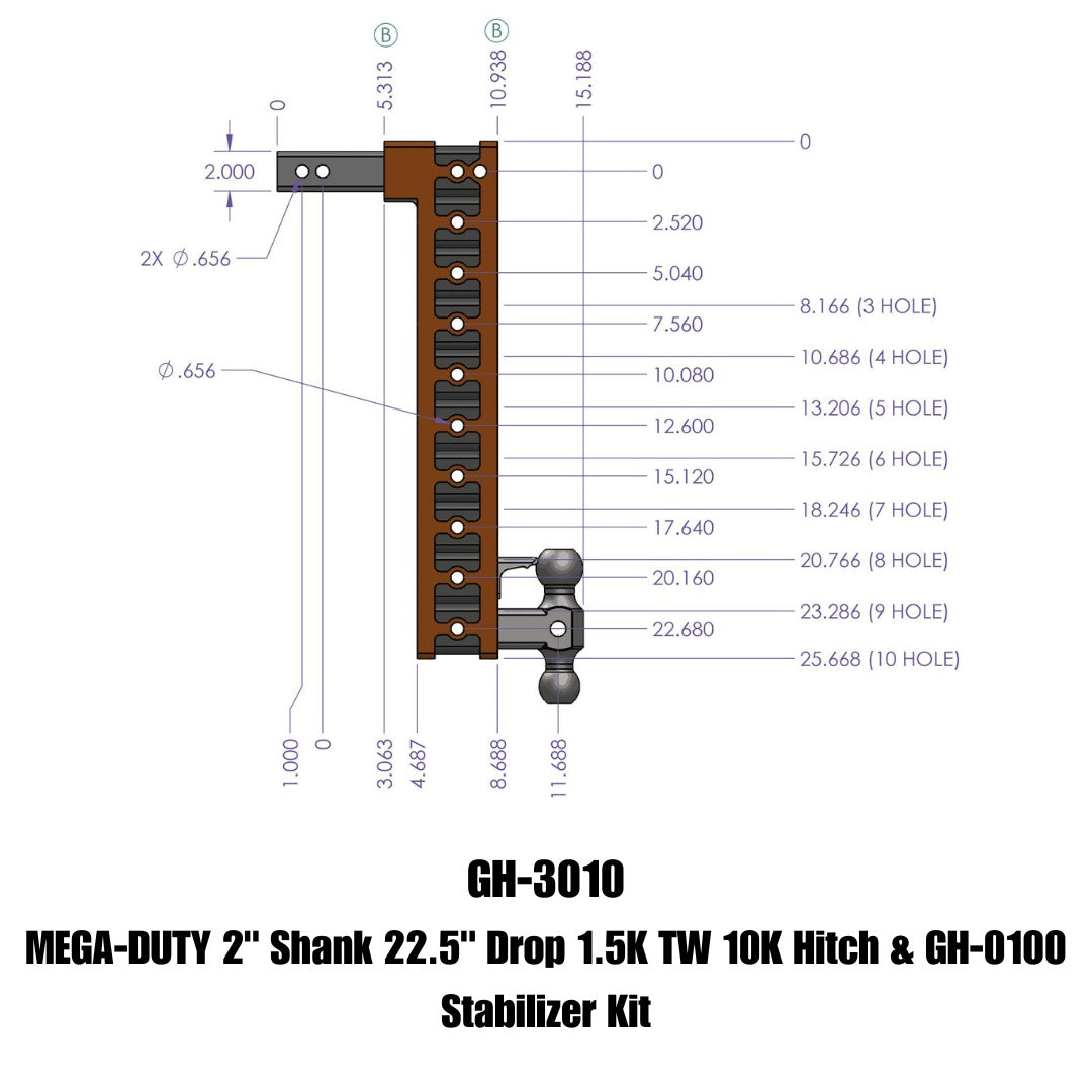 GEN-Y Hitch MEGA-DUTY 2" Shank 22.5" Drop 1.5K TW 10K Hitch & GH-0100 Stabilizer Kit