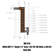 GEN-Y Hitch MEGA-DUTY 2" Shank 7.5" Drop 1.5K TW 10K Hitch & GH-031 Dual-Ball