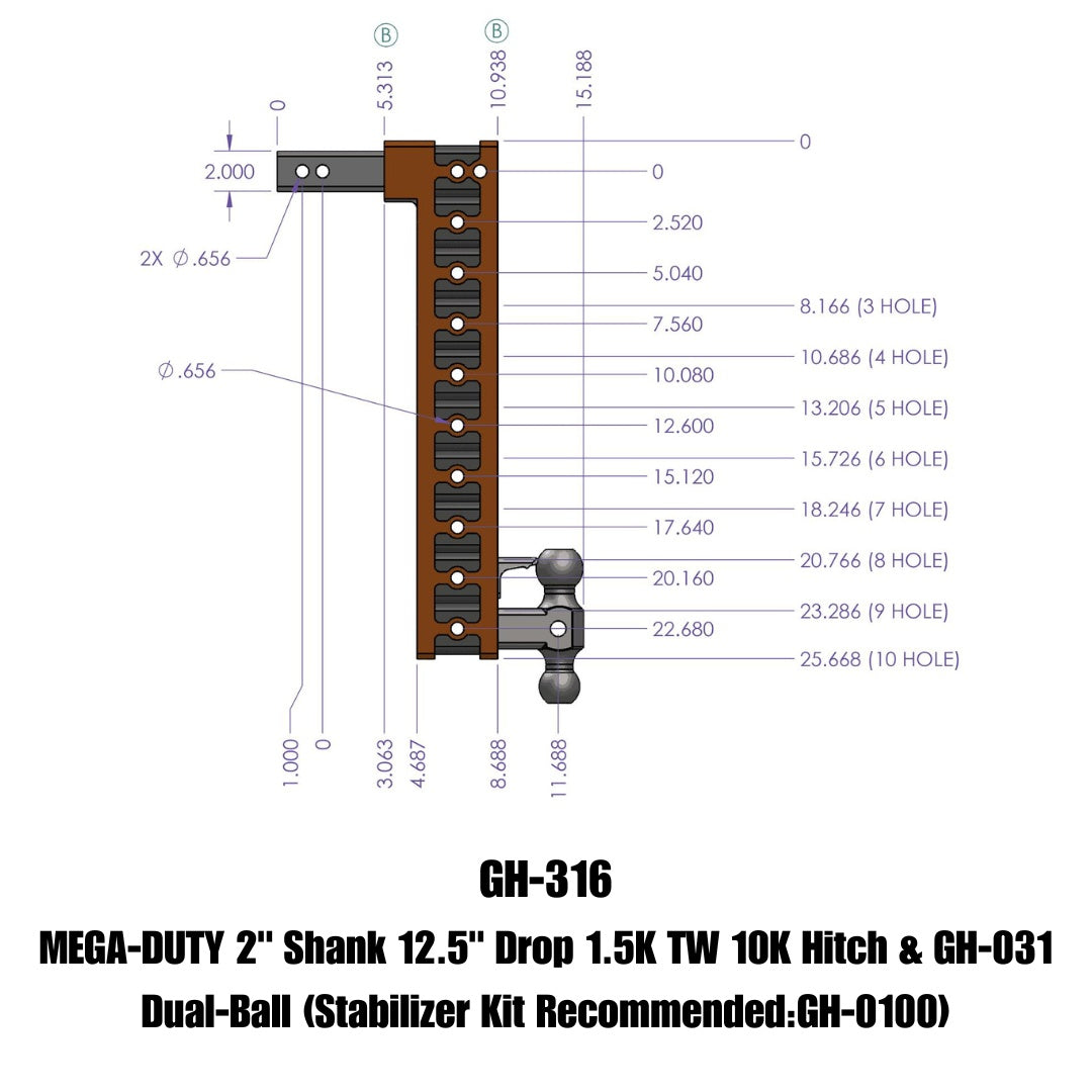 GEN-Y Hitch MEGA-DUTY 2" Shank 12.5" Drop 1.5K TW 10K Hitch & GH-031 Dual-Ball (Stabilizer Kit Recommended:GH-0100)