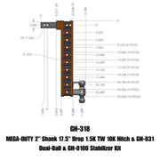 GEN-Y Hitch MEGA-DUTY 2" Shank 17.5" Drop 1.5K TW 10K Hitch & GH-031 Dual-Ball & GH-0100 Stabilizer Kit