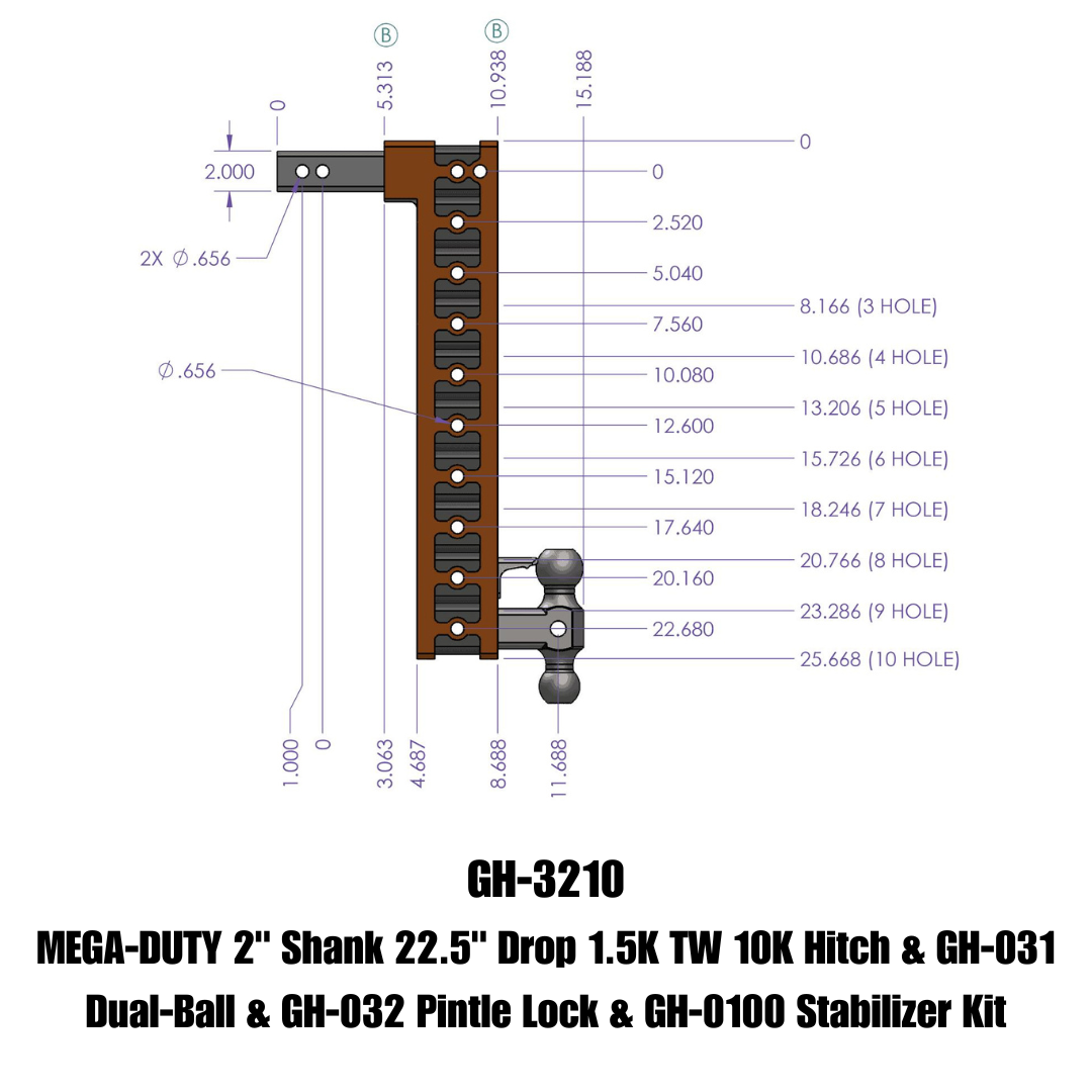 GEN-Y Hitch MEGA-DUTY 2" Shank 22.5" Drop 1.5K TW 10K Hitch & GH-031 Dual-Ball & GH-032 Pintle Lock & GH-0100 Stabilizer Kit