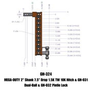 GEN-Y Hitch MEGA-DUTY 2" Shank 7.5" Drop 1.5K TW 10K Hitch & GH-031 Dual-Ball & GH-032 Pintle Lock