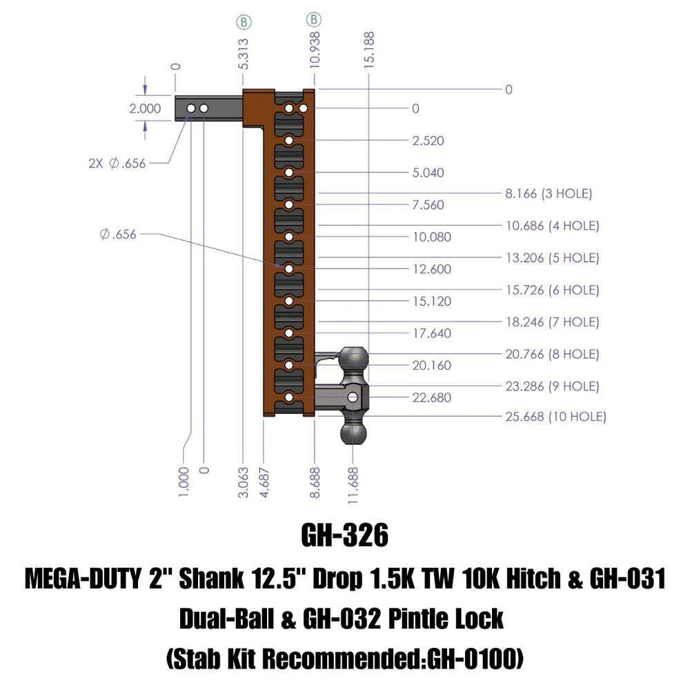 GEN-Y Hitch MEGA-DUTY 2" Shank 12.5" Drop 1.5K TW 10K Hitch & GH-031 Dual-Ball & GH-032 Pintle Lock (Stab Kit Recommended:GH-0100)