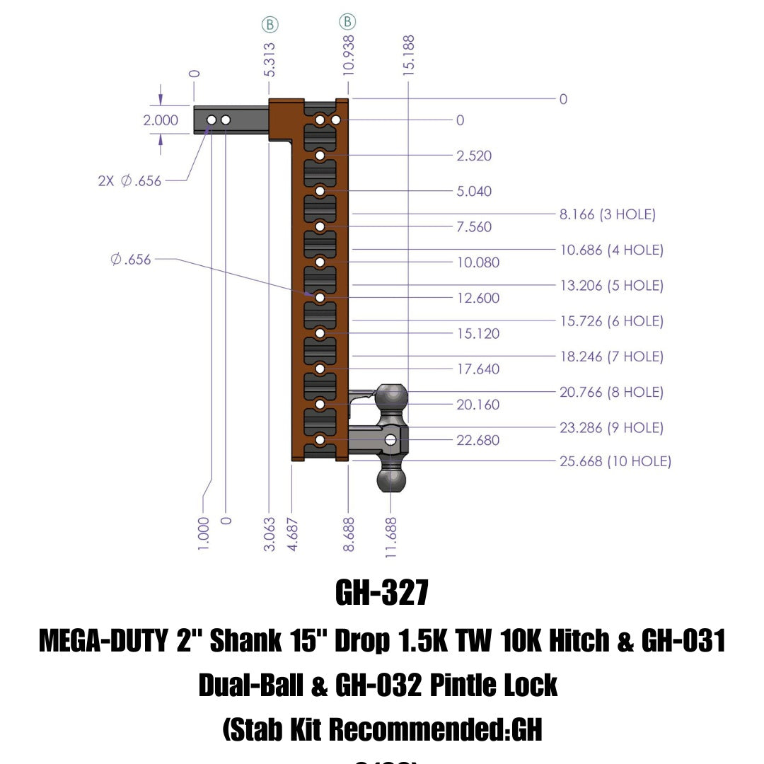 GEN-Y Hitch MEGA-DUTY 2" Shank 15" Drop 1.5K TW 10K Hitch & GH-031 Dual-Ball & GH-032 Pintle Lock (Stab Kit Recommended:GH-0100)