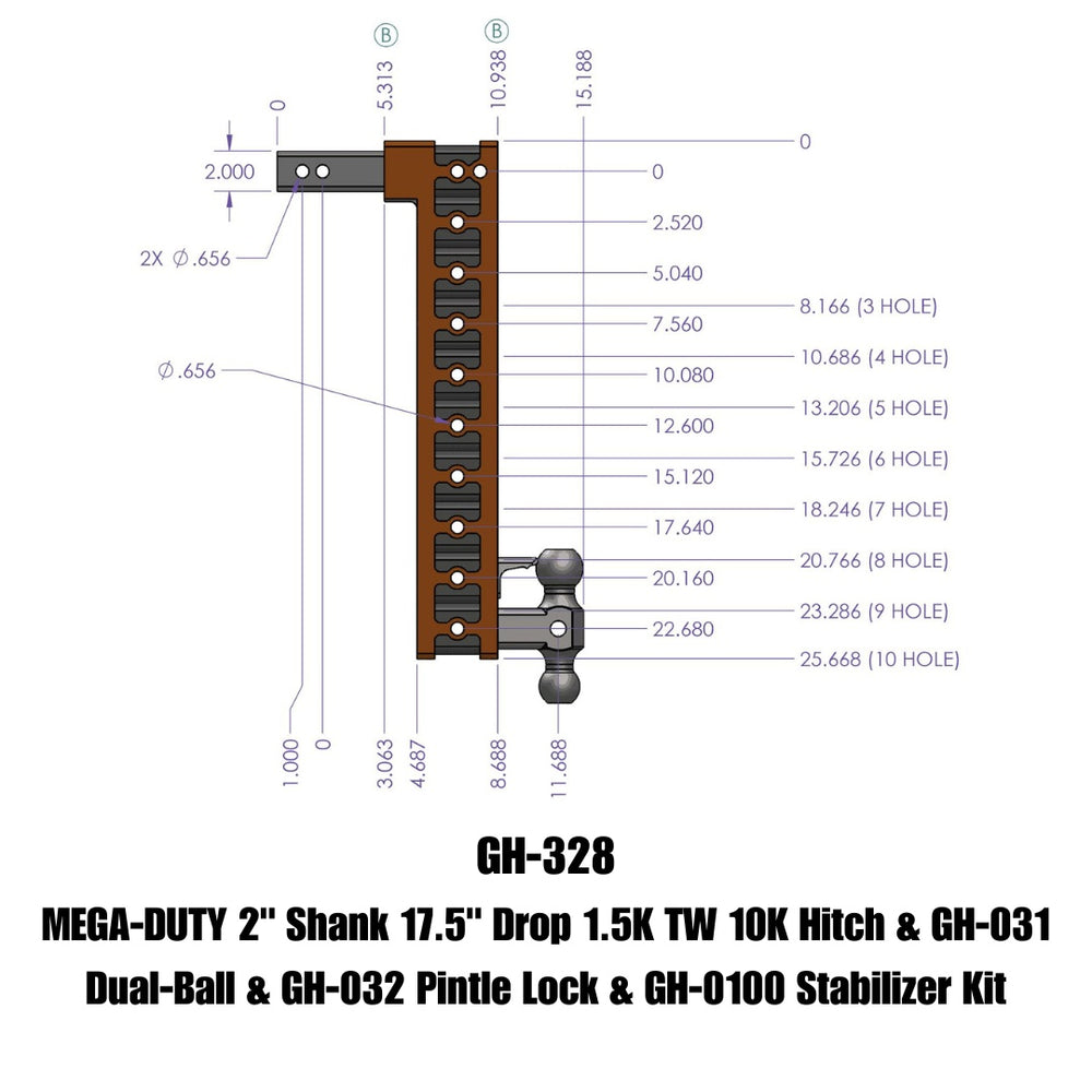 GEN-Y Hitch MEGA-DUTY 2" Shank 17.5" Drop 1.5K TW 10K Hitch & GH-031 Dual-Ball & GH-032 Pintle Lock & GH-0100 Stabilizer Kit
