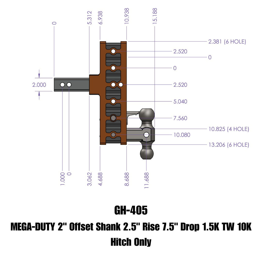 GEN-Y Hitch MEGA-DUTY 2" Offset Shank 2.5" Rise 7.5" Drop 1.5K TW 10K Hitch Only
