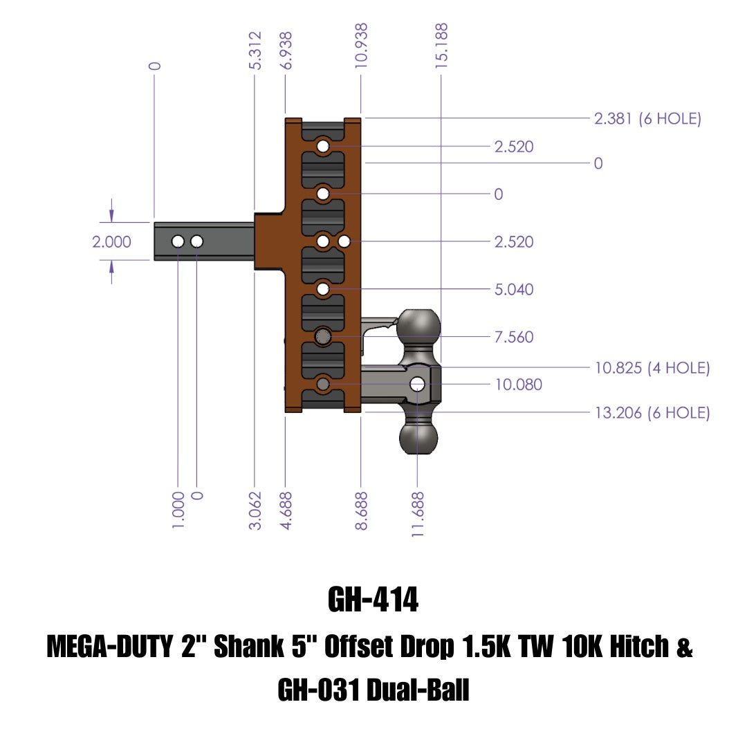 GEN-Y Hitch MEGA-DUTY 2" Offset Shank 2.5 Rise, 5" Drop 1.5K TW 10K Hitch & GH-031 Dual-Ball